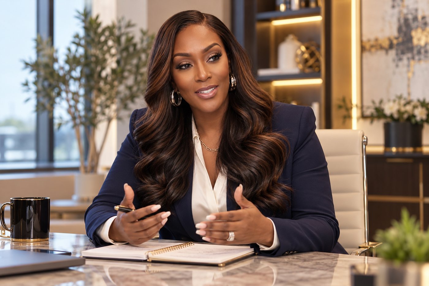 Rhonda E. Augustus in a navy suit at a conference table, explaining a point